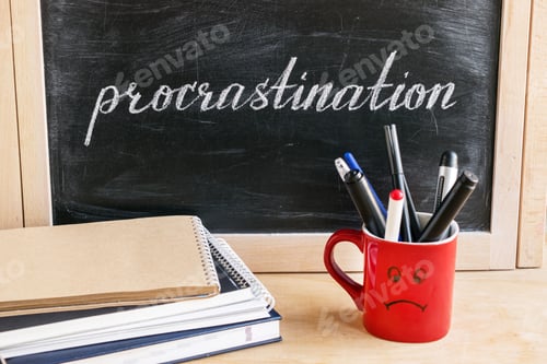 Preview: Lettering of word Procrastination on black chalkboard on a background of notepads and diary and a