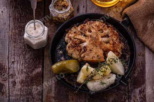 Preview: Vegetarian roasted cauliflower steak with potatoes on a frying pan