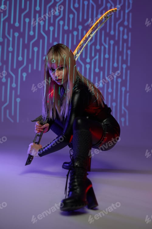 Preview: Cyberpunk style woman assassin with glowing sword