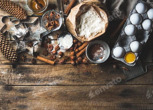 Preview: Christmas holiday cooking and baking ingredients on rustic wooden background