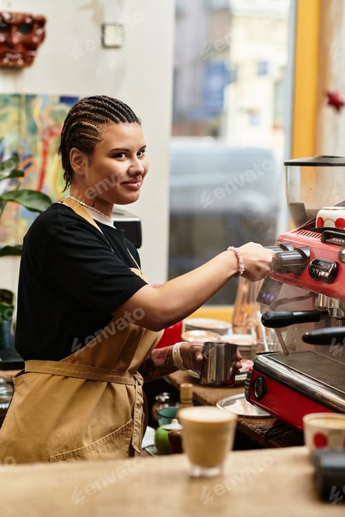Preview: Young woman showcasing barista skills while crafting coffee at a trendy cafe this morning