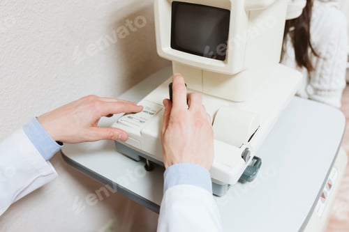 Preview: Ophthalmologist man examining young woman eyes in clinic. close up view