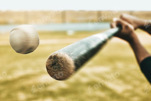 Preview: Baseball, speed and game action bat on field with athlete man playing in competitive sport match. S