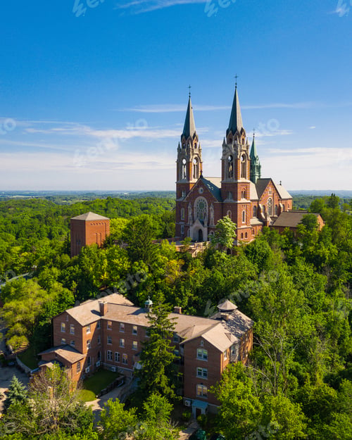 Preview: Aerial view of the scenic Basilica and National Shrine of Mary at the Holy Hill in Erin, Wisconsin