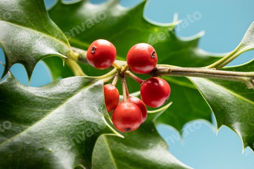 Preview: Holly shrub with red berries close up outdoors