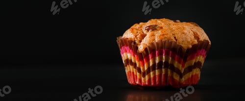 Preview: Appetizing muffin on a black background, banner format