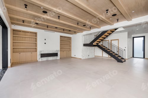 Preview: a living room with a wooden staircase and a stair case