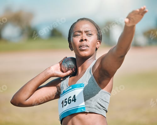 Preview: Shot put, athlete and woman in throw competition, championship or training for field event with met