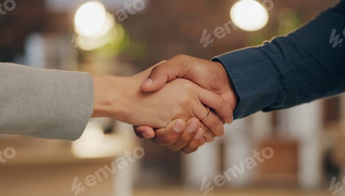 Preview: Support, office and business people in handshake for deal, agreement or collaboration at creative a