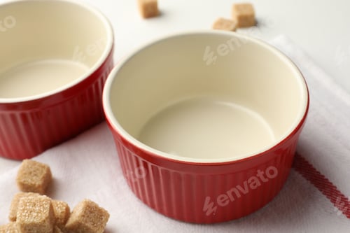 Preview: Ceramic casseroles and sugar cubes on table, closeup