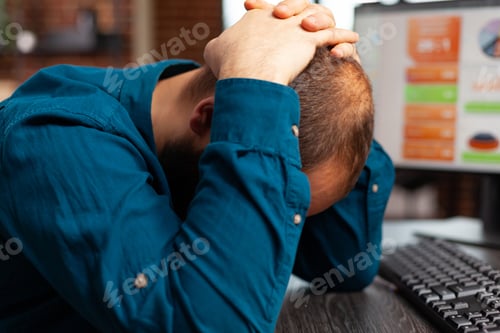 Preview: Pensive concentrated businessman brainstorming project ideas working at company presentation