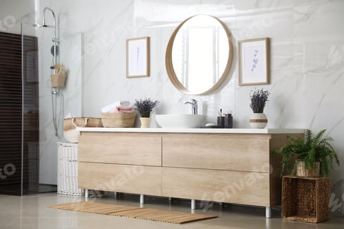 Preview: Bathroom interior with shower stall and counter. Idea for design