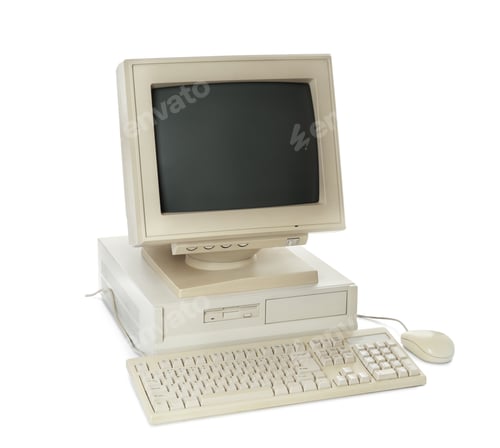 Preview: Old computer monitor, system unit, keyboard and mouse on white background