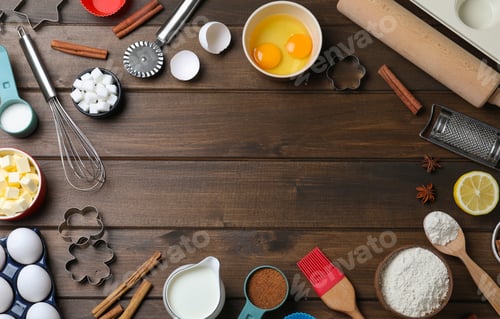 Preview: Frame of cooking utensils and ingredients on wooden table, flat lay. Space for text