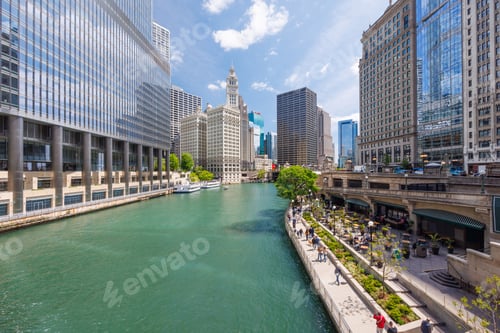 Preview: Vibrant sunny view of Chicago downtown skyline under a blue sky