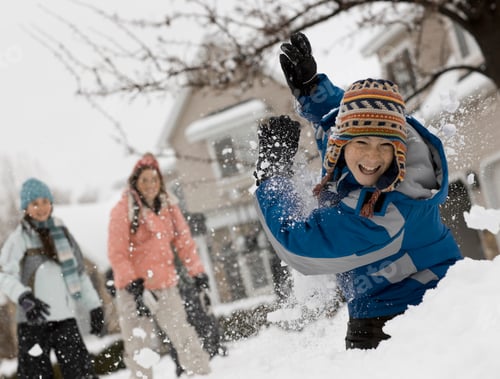 Preview: Winter snow. Three children having a snowball fight.