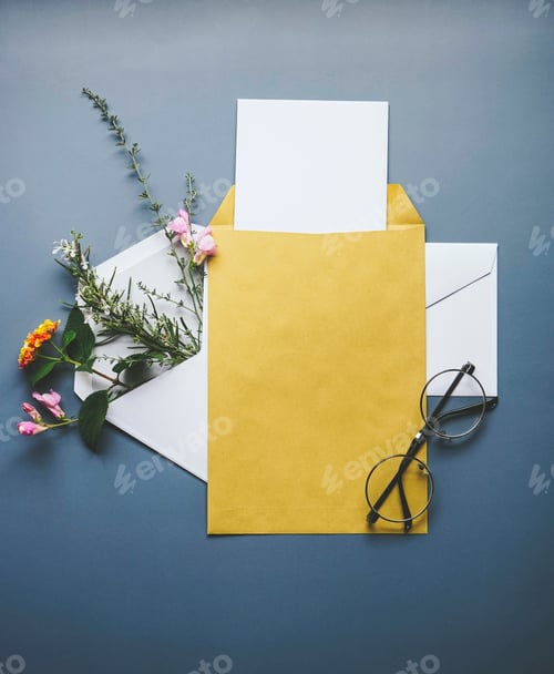 Preview: Elegant and simple wedding invitation mockup with natural flowers