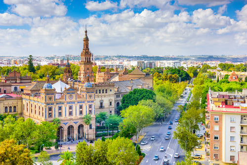 Preview: Seville, Spain Cityscape With Plaza De Espana Buildings.