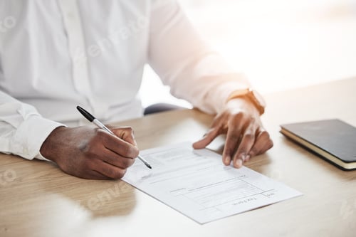 Preview: Closeup, business and man with a document, writing and insurance with a pen, planning and form. Zoo