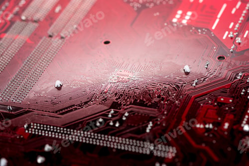 Preview: Red computer motherboard with integrated elements