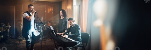 Preview: Musicians in Recording Studio Wide Banner with Copy Space