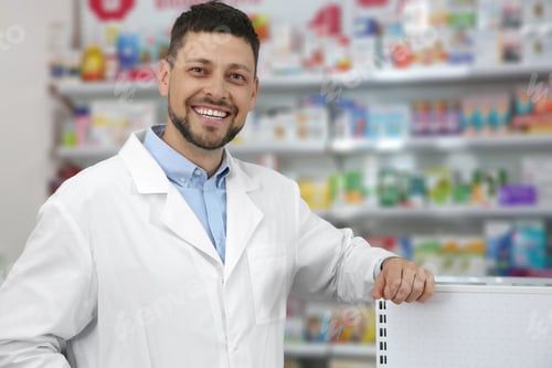 Preview: Portrait of professional pharmacist in modern drugstore