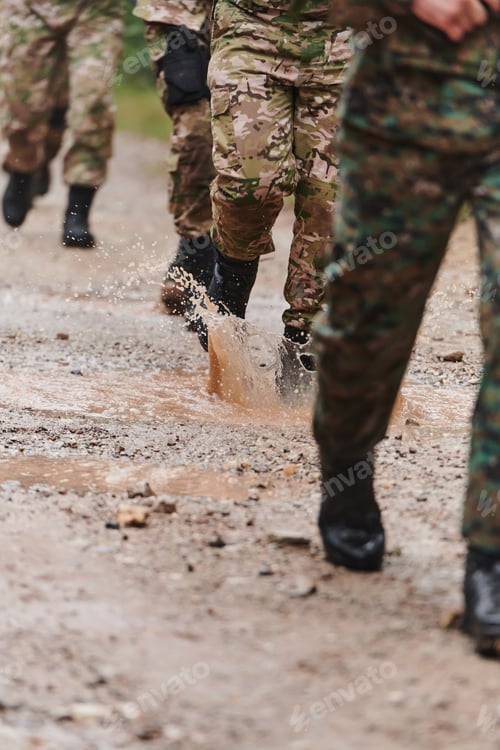 Preview: Close up photo, the resilient legs of elite soldiers, clad in camouflage boots, stride purposefully