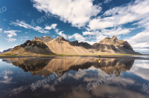 Preview: Landscape of Vestrahorn mountain in viking village in Stokknes Peninsula at Southeast Iceland