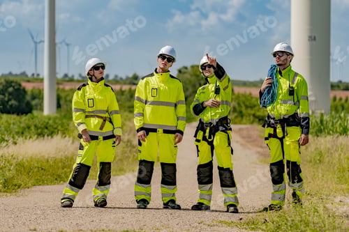 Preview: group of engineers in high visibility gear stands at a wind farm