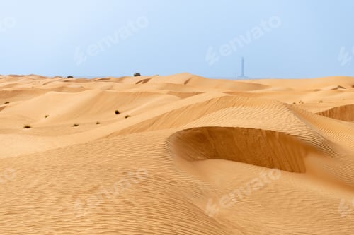 Preview: Lonely Golden Sand Dunes Under Bright Blue Sky. Desert Landscape