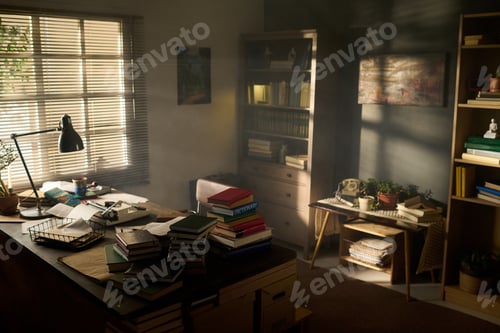Preview: Sunlight Illuminating Cozy Home Office Interior with Books and Houseplants