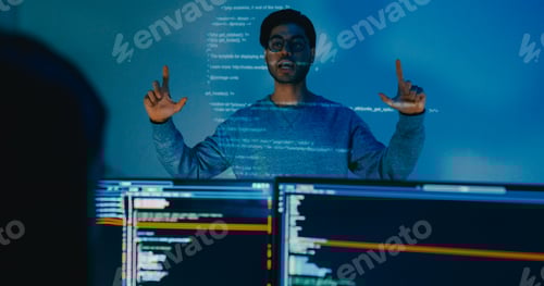 Preview: Group adult Asia male software developers mentor leader manager talk strategy plan to executive.