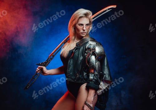 Preview: Beautiful female model in cyberpunk style with sword in studio