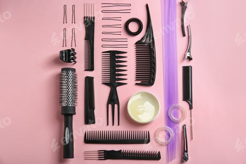 Preview: Flat lay composition with hair salon equipment on color background