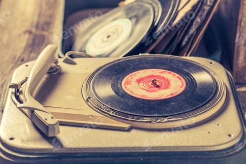 Preview: Retro record player and few vinyl records