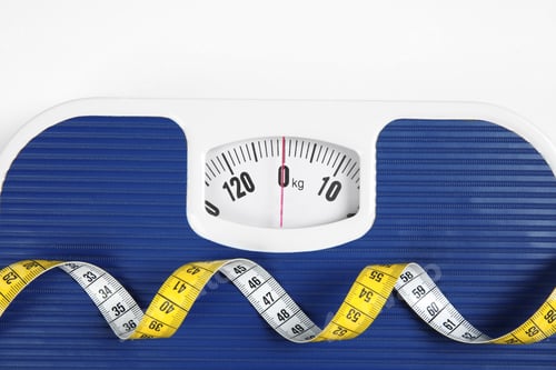 Preview: Modern scales and tape measure isolated on white, top view
