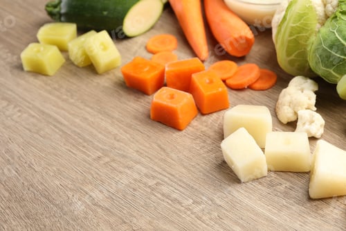 Preview: Different frozen purees cubes and fresh vegetables on wooden table. Space for text
