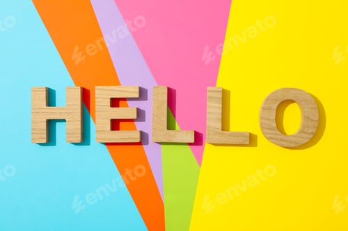 Preview: Word Hello lined with wooden letters on multicolor background