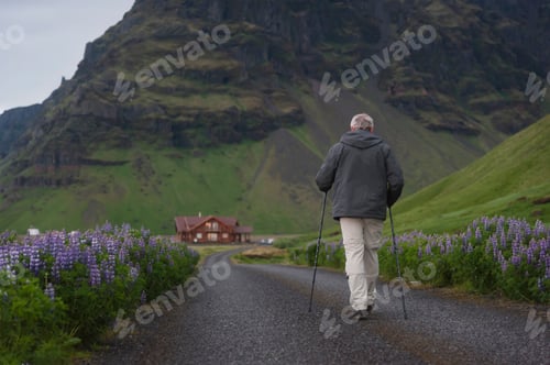 Preview: Iceland, Man walking on country road