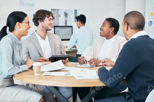 Preview: Diverse business people enjoying a casual chat during a meeting in a modern office, smiling and lau