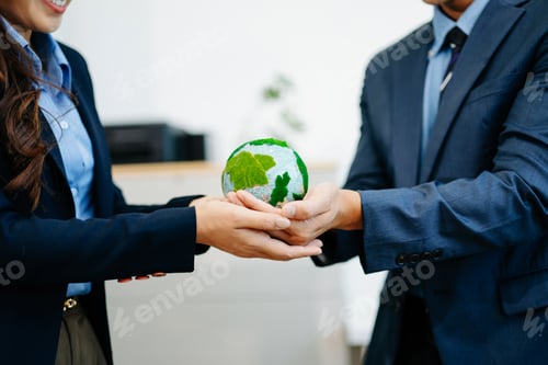 Preview: Corporate team sharing a symbolic globe, promoting sustainability, global unity,