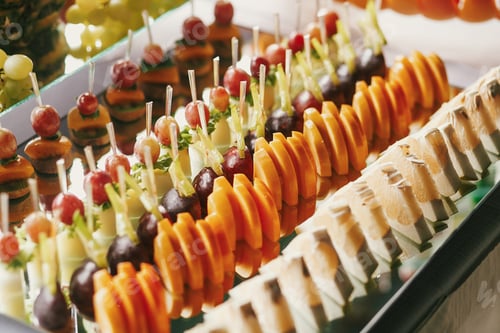 Preview: Delicious fruits appetizers, desserts on stand