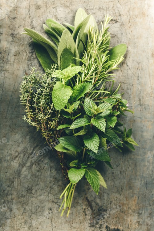 Preview: Fresh herbs for cooking on rustic background, flat lay