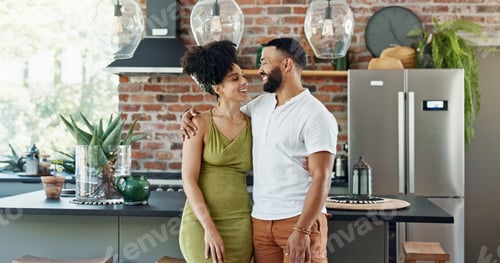 Preview: Kitchen, love and couple hug in home for bonding, loving relationship and commitment together. Week