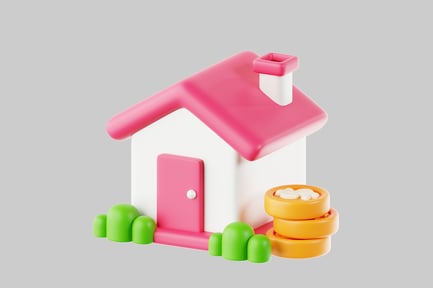 Visualização: Casa de brinquedo com telhado rosa e decorações circulares