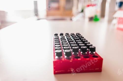 Preview: Bottle in rack on table at laboratory