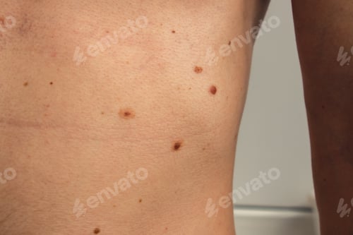 Preview: Unrecognizable man showing his birthmarks on skin Close up detail of the bare skin Sun Exposure