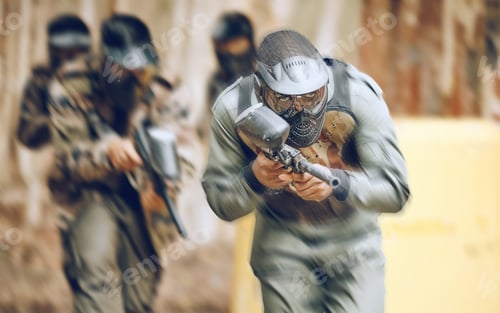 Preview: Adventure, paintball and action with people in field for sports, target and shooting games. War, so