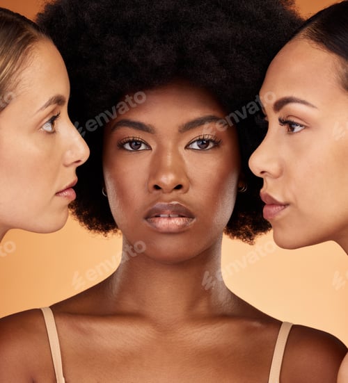 Preview: Beauty, diversity and skincare with model woman friends in studio on a pastel color wall background