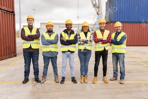 Preview: Multi-ethnic men and women working at shipping port with containers in background, logistics group